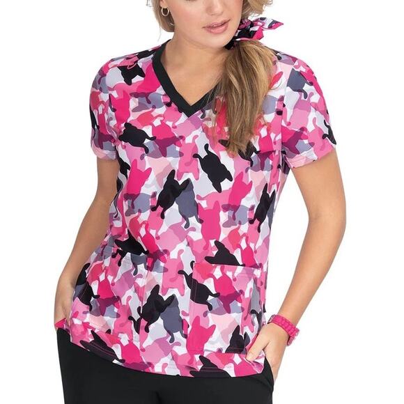 French Bull by Koi Lulu XL Dog Print Camo Frenchie Scrub Top Pink V-Neck - Picture 2 of 8